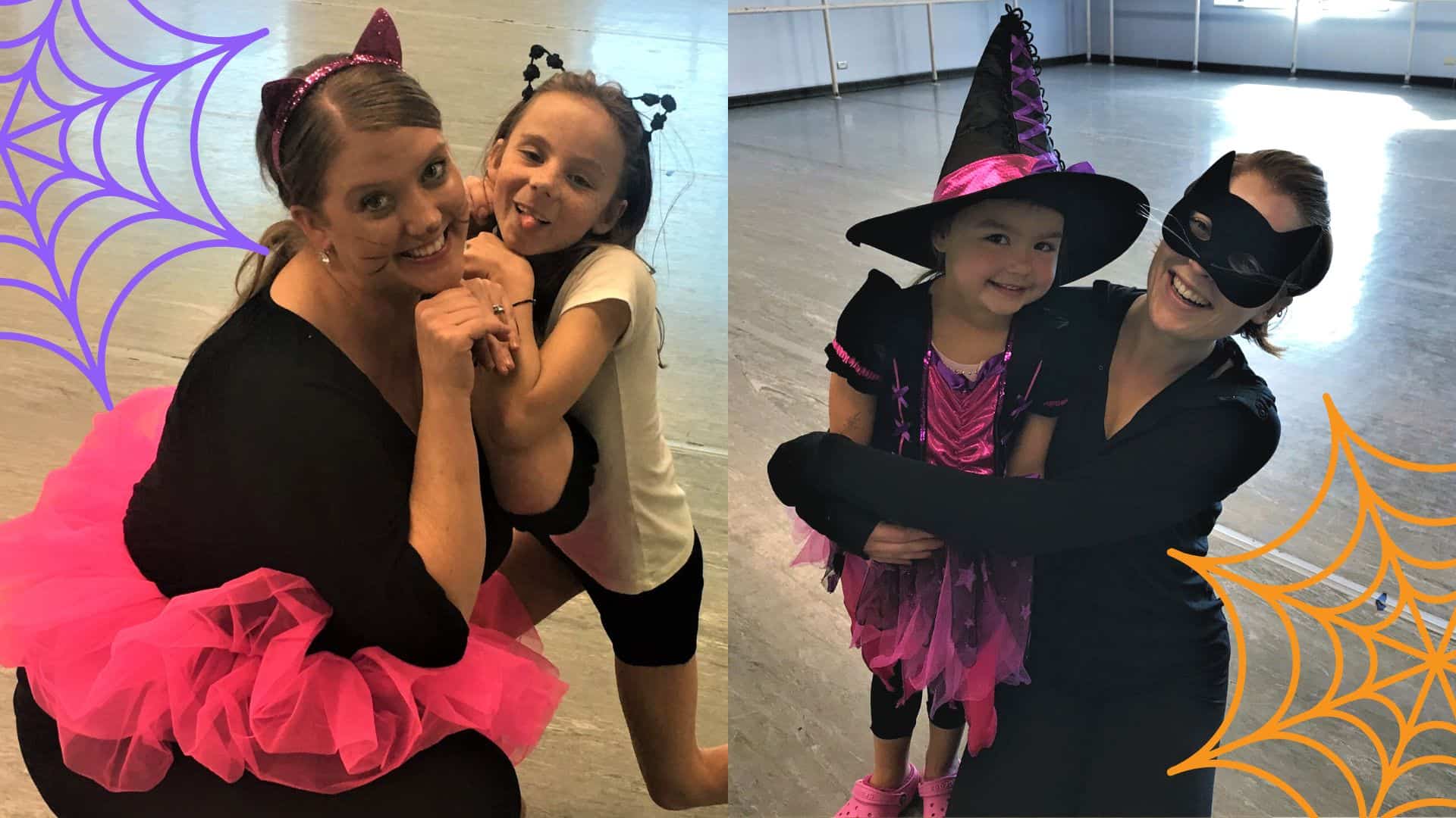 Two combined images each of a dance teacher and young dance student wearing halloween costumes.