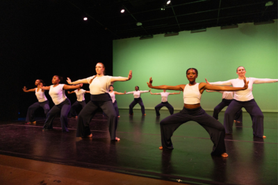 A large group of adult dancers stand in a low, wide plie position with their arms outstretched to the side and wrists flexed during Dance Project's Spring Showcase.