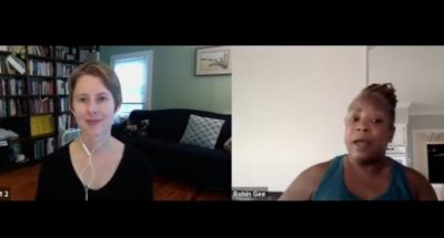 Screenshot from a Zoom meeting featuring Anne Morris, NCDF Festival Director, and guest speaker Robin Gee.